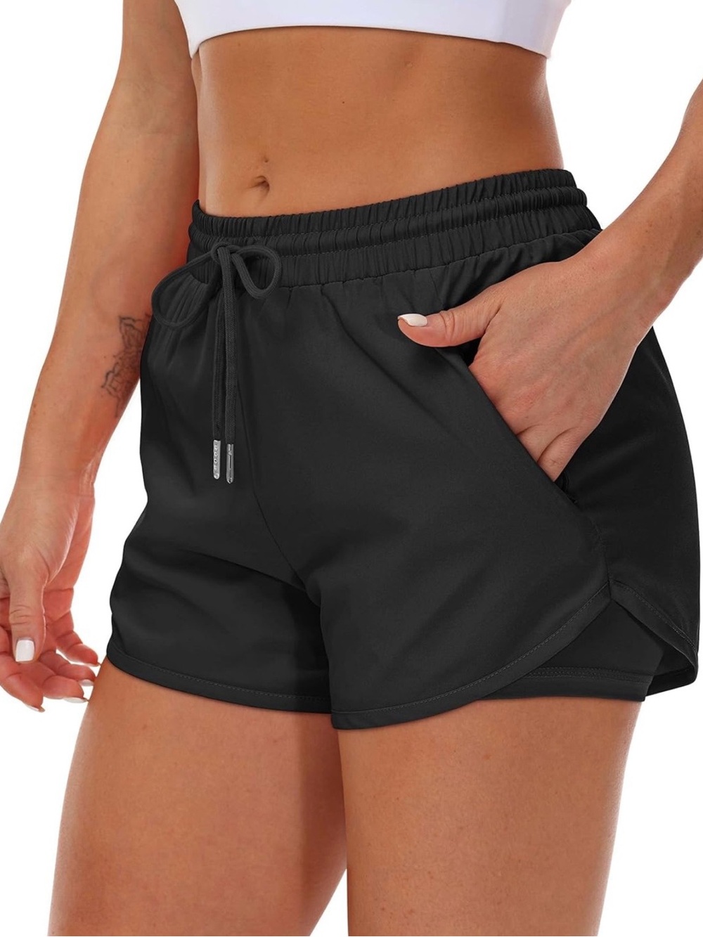 Women's Black Athletic Drawstring Shorts with Side Pockets
